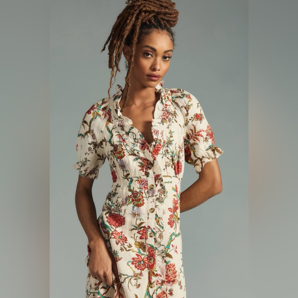 Anthropologie Cream Floral Midi Dress - Picture 3 of 14